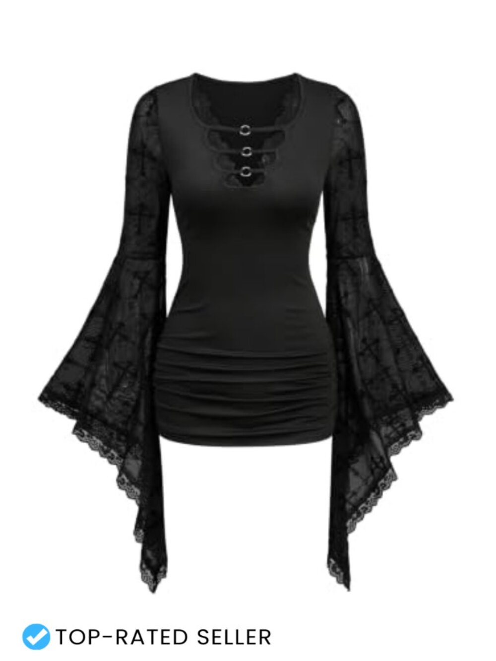 Women Gothic Bell Sleeve Lace Top V-Neck Y2K Stretch Blouse